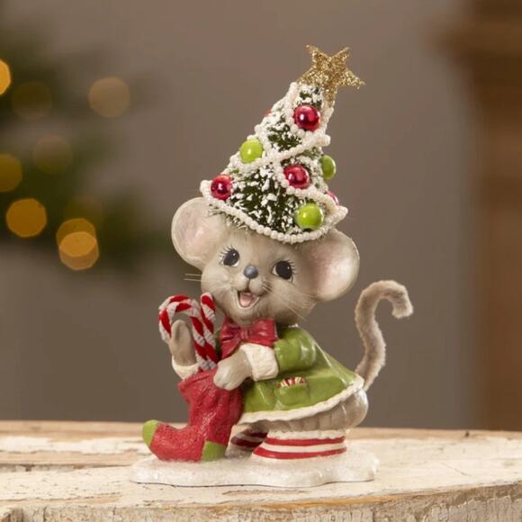 Bethany Lowe Memzi Mouse Table Piece Christmas Mouse With Tree Figurine NEW